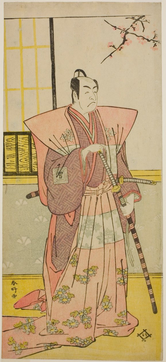 Ichikawa Omezo I. színész mint Koyurugi Motomenosuke () a Haru no Nishiki Date-zome Soga () című darabban, amelyet a Nakamura Színházban () adtak elő 1790 első hónapjában (). alkotó: Katsukawa Shunkо̄
