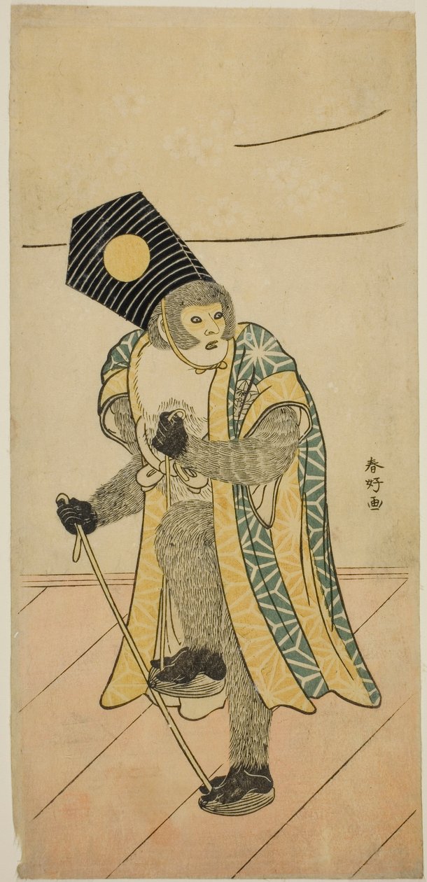 Ichimura Uzaemon IX. színész mint majom a Mitsu Ningyo Yayoi no Hinagata című darabban, amelyet a Nakamura Színházban adtak elő 1785 második hónapjában. alkotó: Katsukawa Shunkо̄