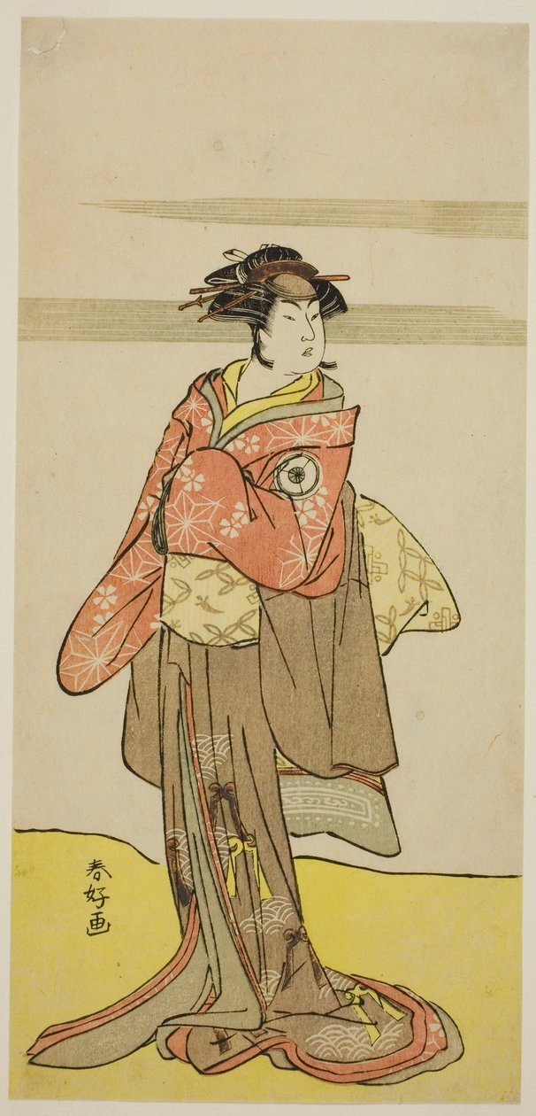 A színész Iwai Hanshiro IV Hitomaru, mint Oshun gésának álcázott Hitomaru az Edo no Hana Mimasu Soga című darabban, amelyet a Nakamura Színházban adtak elő 1783 harmadik hónapjában. alkotó: Katsukawa Shunkо̄