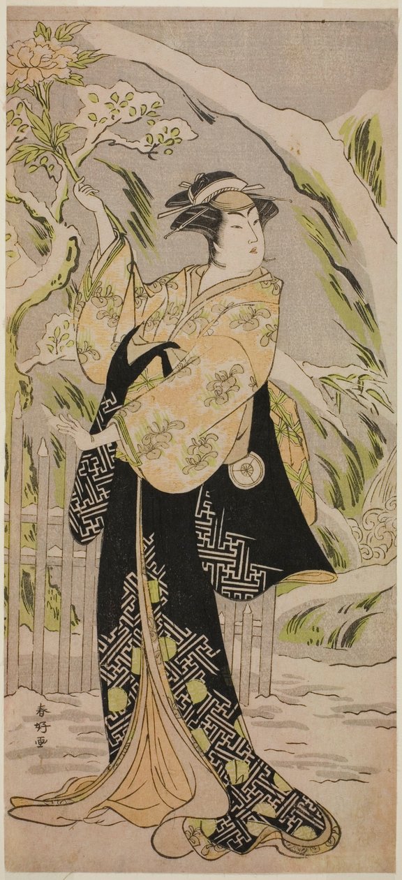 Iwai Hanshiro IV. színész mint Lady Yaehata a Sanga no Sho Haru no Hanayome című darabban, amelyet a Kiri Színházban adtak elő 1787 tizenegyedik hónapjában. alkotó: Katsukawa Shunkо̄