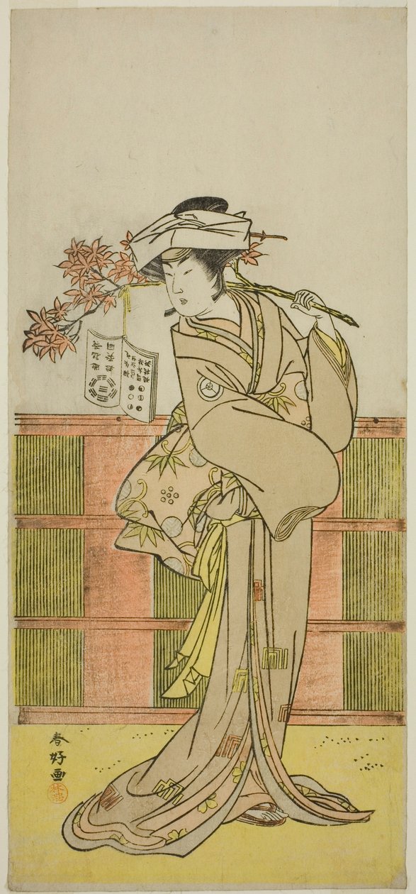 Iwai Hanshiro IV. színész mint Umegae, Omatsu női jövendőmondónak álcázva a Mukashi Otoko Yuki no Hinagata című darabban, amelyet az Ichimura Színházban adtak elő 1781 tizenegyedik hónapjában. alkotó: Katsukawa Shunkо̄
