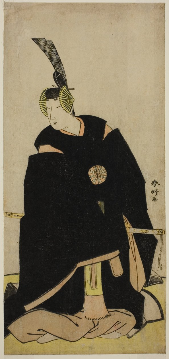 A színész Nakamura Tomijuro I mint Taira no Masakado Otomo no Kuronushi () vagy Sugawara Micihizane () álruhában a Shida Yuzuriha Horai Soga () vagy Sugawara Denju Tenarai Kagami () című darabban, amelyet a Morita Színházban () adtak elő az első vagy az öt alkotó: Katsukawa Shunkо̄