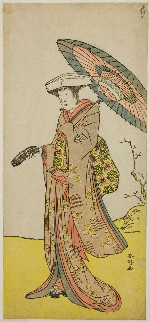 A színész Nakayama Kojuro VI mint Chinzei Hachiro Tametomo, Hotoke úrnőnek álcázva (Hotoke Gozen) a Yukimotsu Take Furisode Genji című darabban, amelyet a Nakamura Színházban adtak elő 1785 tizenegyedik hónapjában. alkotó: Katsukawa Shunkо̄