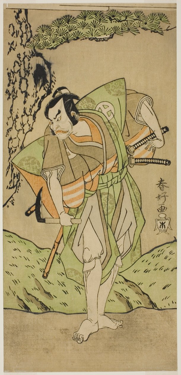 A színész Otani Hiroemon III mint Osada no Zenjo Kagemune az Izu-goyomi Shibai no Ganjitsu (Az Izu-naptár első előadásnapja) című színdarabban, amelyet a Morita Színházban adtak elő 1772-ben, a tizenegyedik hónap első napjától. alkotó: Katsukawa Shunkо̄