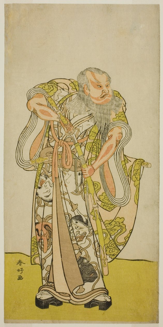 Sakata Hangoro II. színész mint Hige no Ikyu a Shida Yakata Yotsugi no Hikibune című darabban, amelyet az Ichimura Színházban adtak elő 1782 ötödik hónapjában. alkotó: Katsukawa Shunkо̄