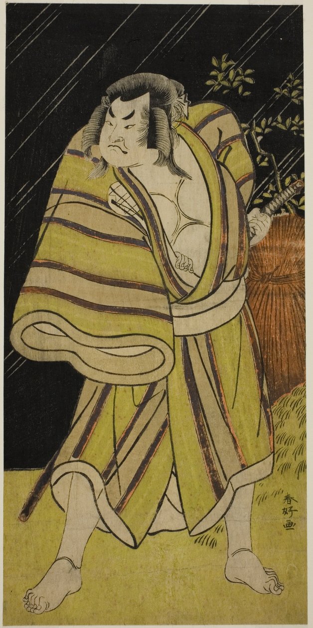 Szakata Hangoro II. színész mint Kujaku Saburo Narihira () szumóbirkózó a Sugata no Hana Yuki no Kuronushi () című darabban, amelyet az Ichimura Színházban () adtak elő 1776 tizenegyedik hónapjában (). alkotó: Katsukawa Shunkо̄