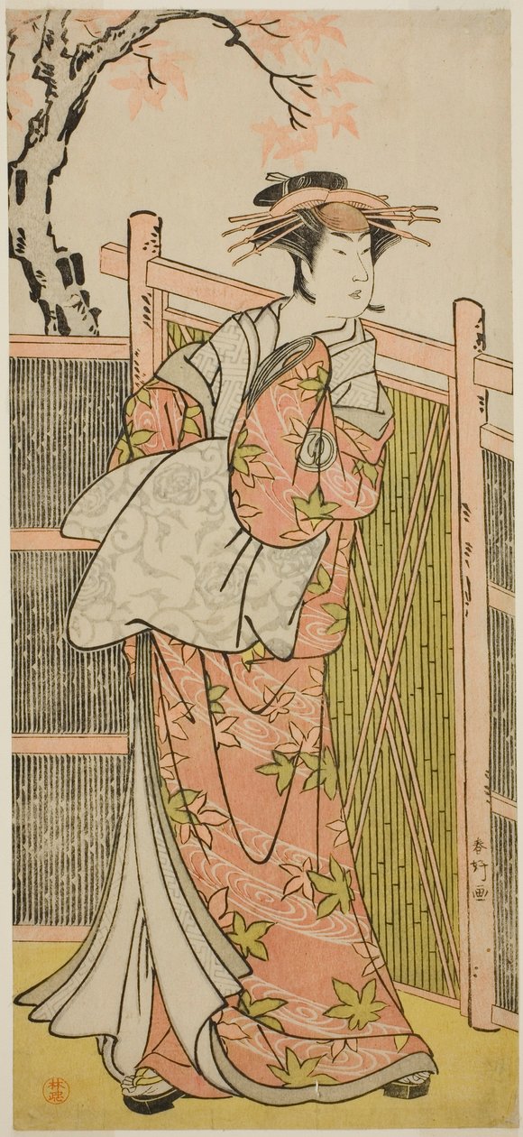 Sawamura Sojuro III. színész mint a kurtizán Takao szelleme a Takao Daimyojin Momiji no Tamagaki című darabban, amelyet a Nakamura Színházban adtak elő 1787 hetedik hónapjában. alkotó: Katsukawa Shunkо̄