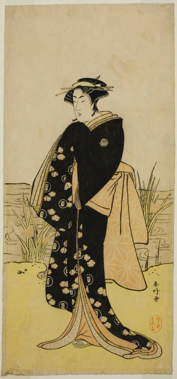 A színész Segawa Kikunojo III mint Oshichi a Junshoku Edo Murasaki című darabban, amelyet az Ichimura Színházban adtak elő az első hónapban, 1779-ben. alkotó: Katsukawa Shunkо̄