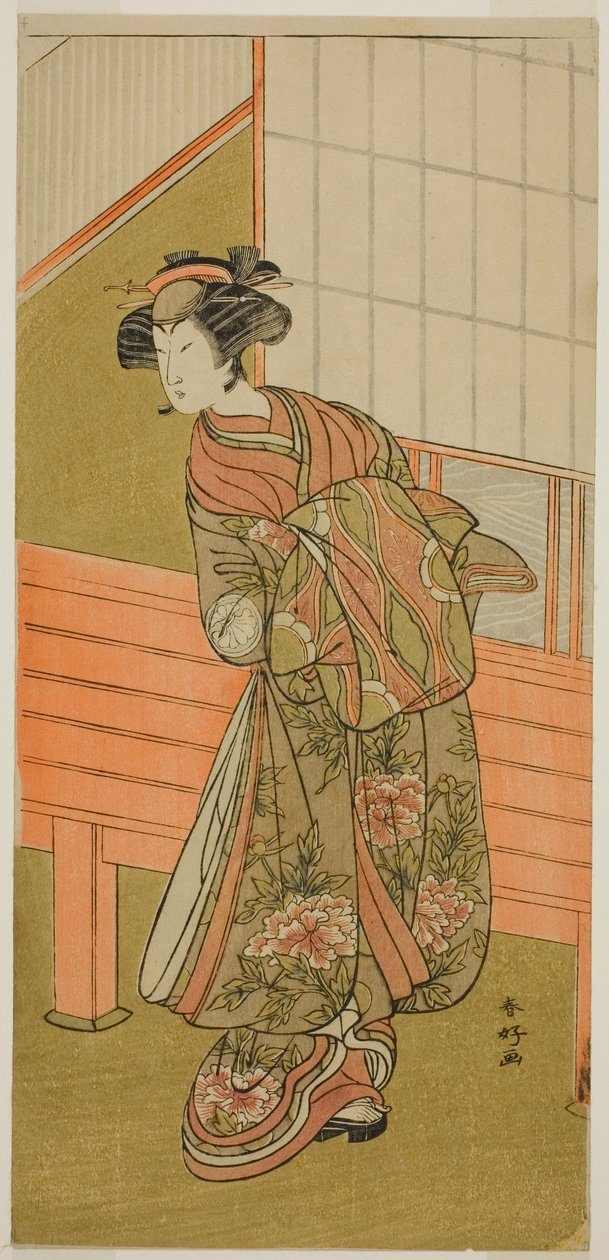 Segawa Kikunojo III. színész mint Onoteruya Takamura kurtizánja () a Sugata no Hana Yuki no Kuromushi () című darabban, amelyet az Ichimura Színházban () adtak elő 1776 tizenegyedik hónapjában (). alkotó: Katsukawa Shunkо̄