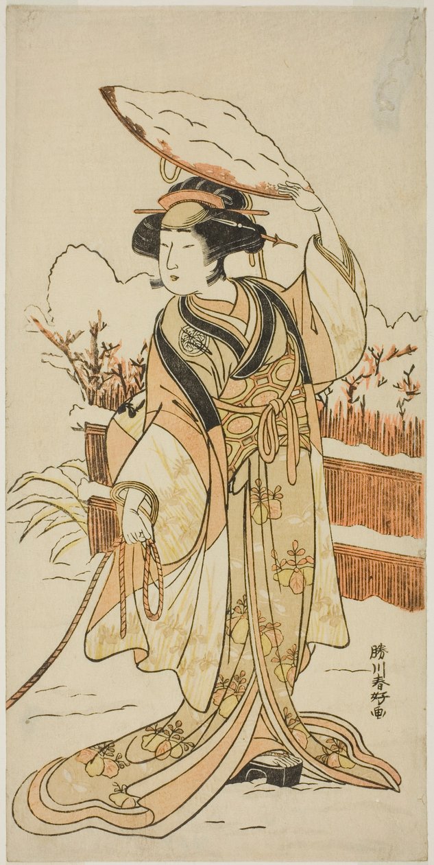 A színész Yoshizawa Ayame IV mint Yadorigi, Nikaido Shinanosuke nővére, aki Orie-nak, Aoto Magosaburo feleségének álcázza magát, a Motomishi Yuki Sakae Hachi no Ki (Felnézve a hulló hóra: virágzó cserepes fák) című darab második részében, amelyet a Naka sz alkotó: Katsukawa Shunkо̄
