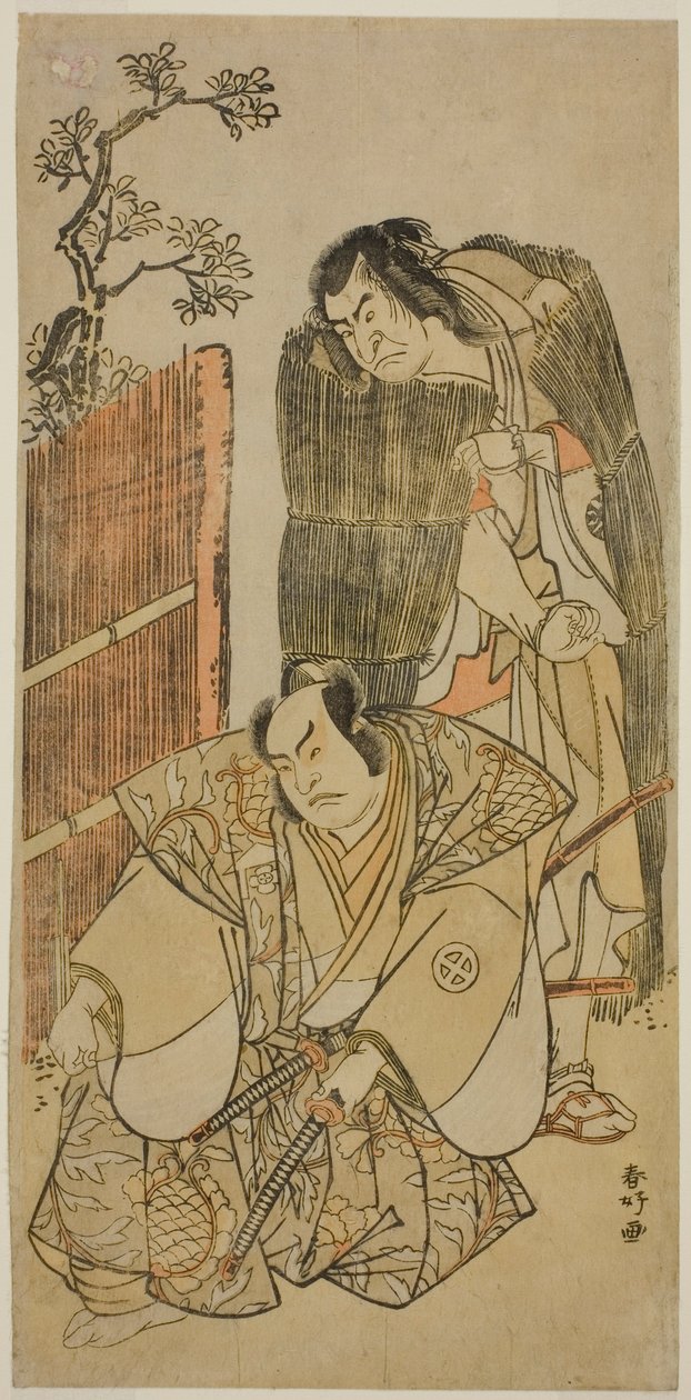 A színészek: Nakamura Nakazo I. mint Kagekiyo koldusnak öltözve (jobbra), és Otani Hiroji III. mint Onio Shinzaemon (balra), a Kotobuki Banzei Soga című darabban, amelyet az Ichimura Színházban adtak elő 1783 harmadik hónapjában. alkotó: Katsukawa Shunkо̄