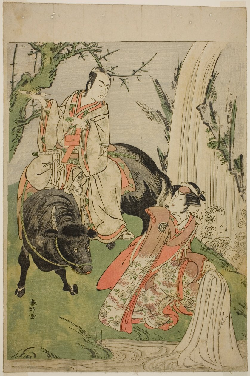 A színészek: Segawa Kikunojo III mint Hatsune hercegnő (Hatsune Hime) (jobbra) és Ichikawa Monnosuke II mint Miyukinosuke Yukinari, az Otokoyama Furisode Genji című darabban, amelyet a Kiri Színházban adtak elő a tizenegyedik hónapban, 1785-ben. alkotó: Katsukawa Shunkо̄
