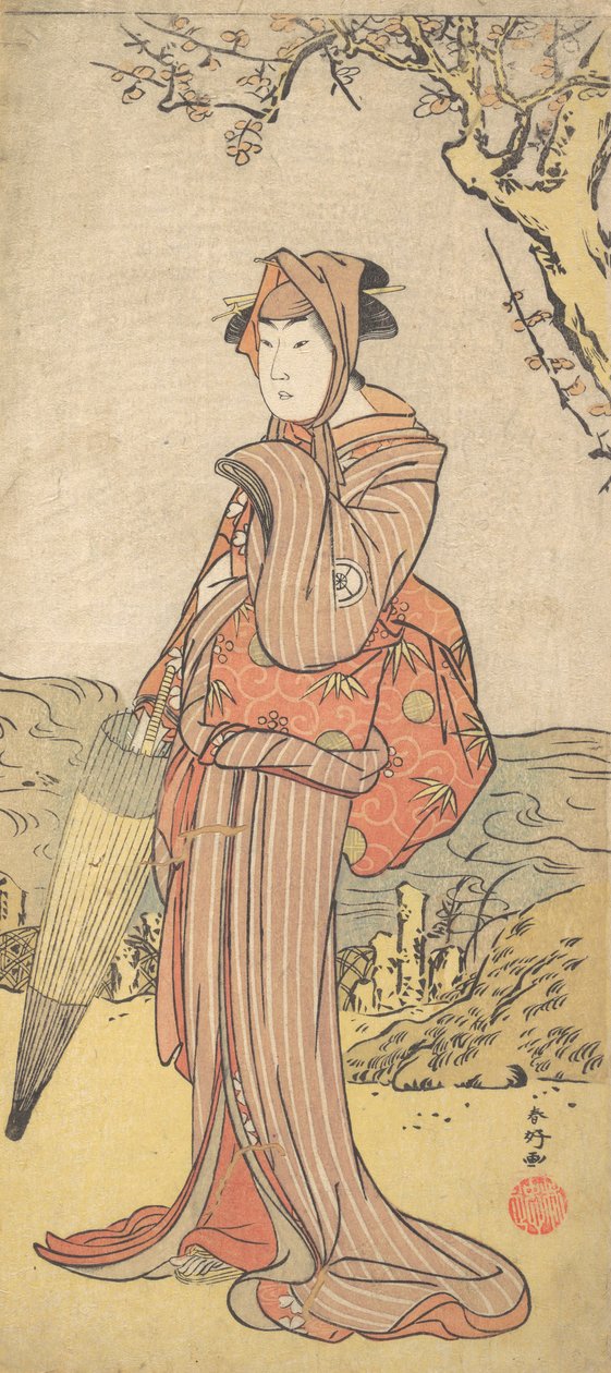 Iwai Kiyotaro, mint egy szilvafa alatt álló nő, kb. 1788. alkotó: Katsukawa Shunko