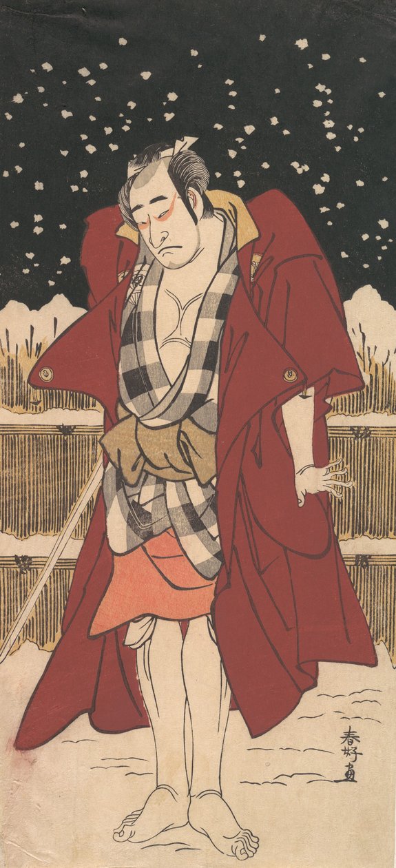 Onoe Matsusuke, mint egy karddal felfegyverzett ember, aki hóban áll a kerítés előtt, 1786. alkotó: Katsukawa Shunko