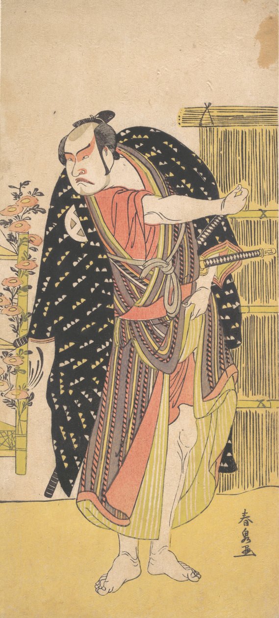 A harmadik Otani Hiroji szamurájként egy magas kerítés mellett áll, kb. 1785. alkotó: Katsukawa Shunsen