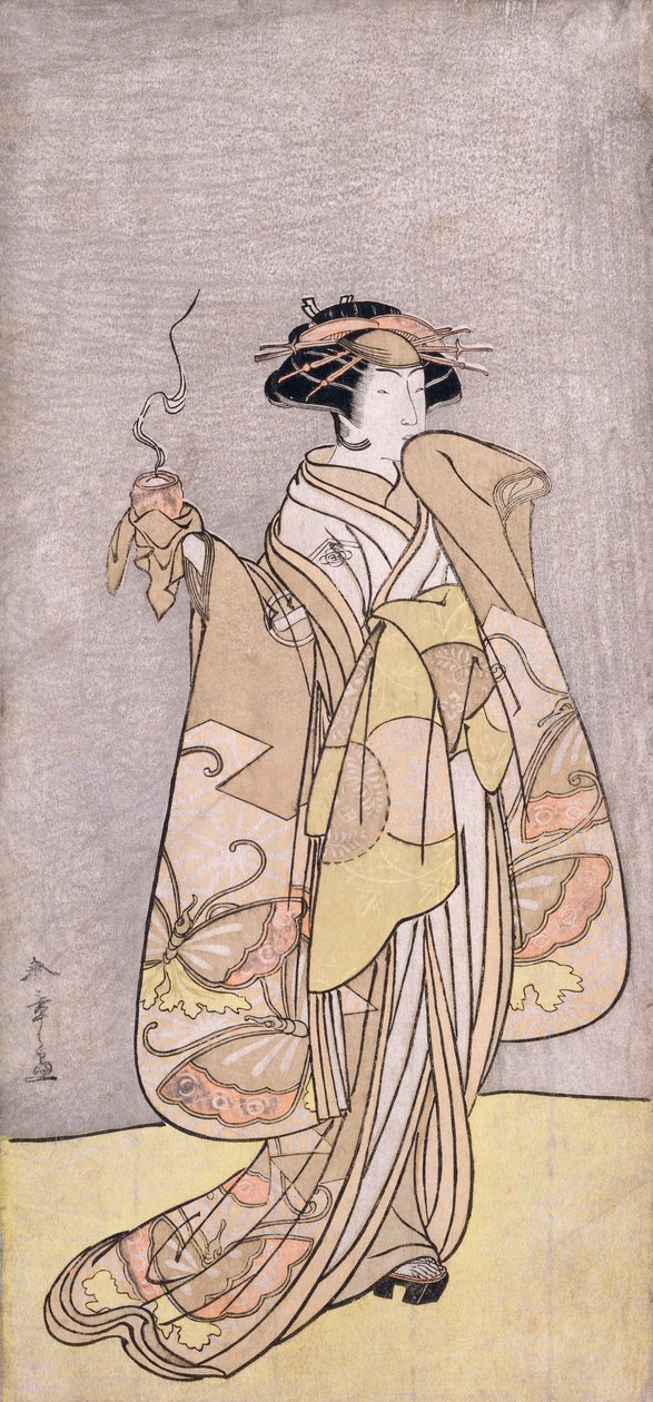 II. Ichikawa Monnosuke színész egészalakos portréja női szerepben, füstölőt tartva (színes fatömbnyomat) alkotó: Katsukawa Shunsho