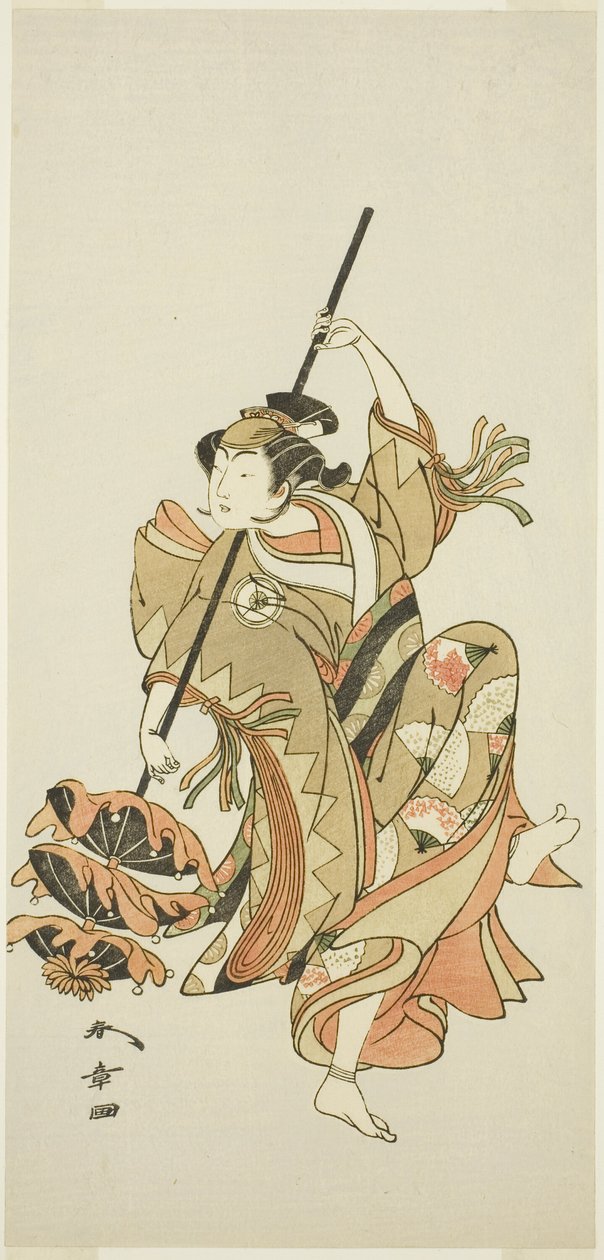 Iwai Hanshiro IV színész előadja a hármas esernyőtáncot a „Japán virága: Ono no Komachi öt karaktere” (Kuni no Hana Ono no Itsumoji) című filmben. alkotó: Katsukawa Shunsho
