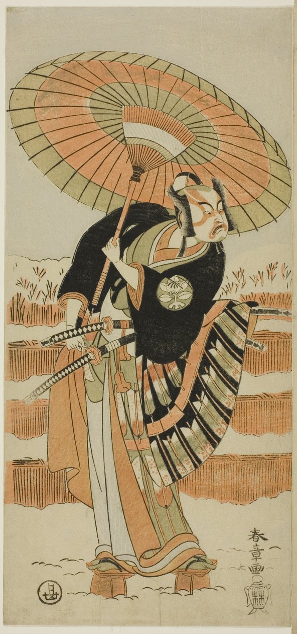 A színészek Ichimura Uzaemon IX mint Kajiwara Genta no Kagetoki (balra), Segawa Kikunojô II mint Yuki Onna (középen) és Arashi Sangorô II mint Minamoto no Yoritomo (jobbra) a "Házassági krizantémokat védő Izu-i pamutvattában" ("Miyoto-giku Izu no kisew alkotó: Katsukawa Shunsho