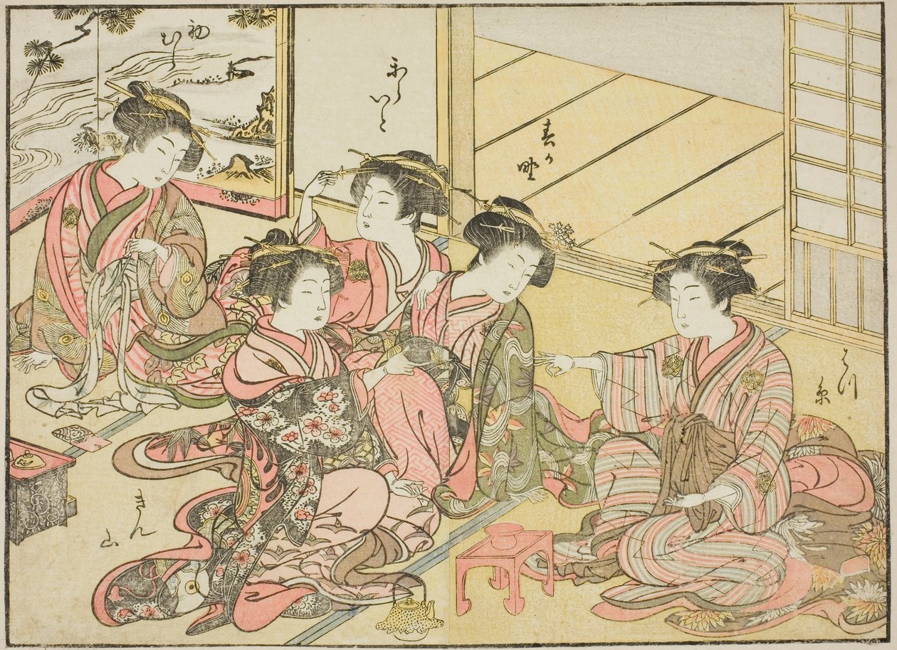 A Gakuiseya udvarhölgyei, a "Gyönyörű nők tükre az örömnegyedben (Seiro bijin awase sugata kagami)" című könyvből. 1 alkotó: Katsukawa Shunsho