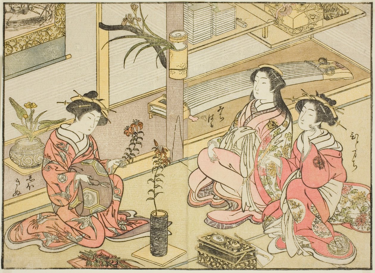 A Kadotsutaya udvarhölgyei, a "Gyönyörű nők tükre az örömnegyedben (Seiro bijin awase sugata kagami)" című könyvből. 1 alkotó: Katsukawa Shunsho