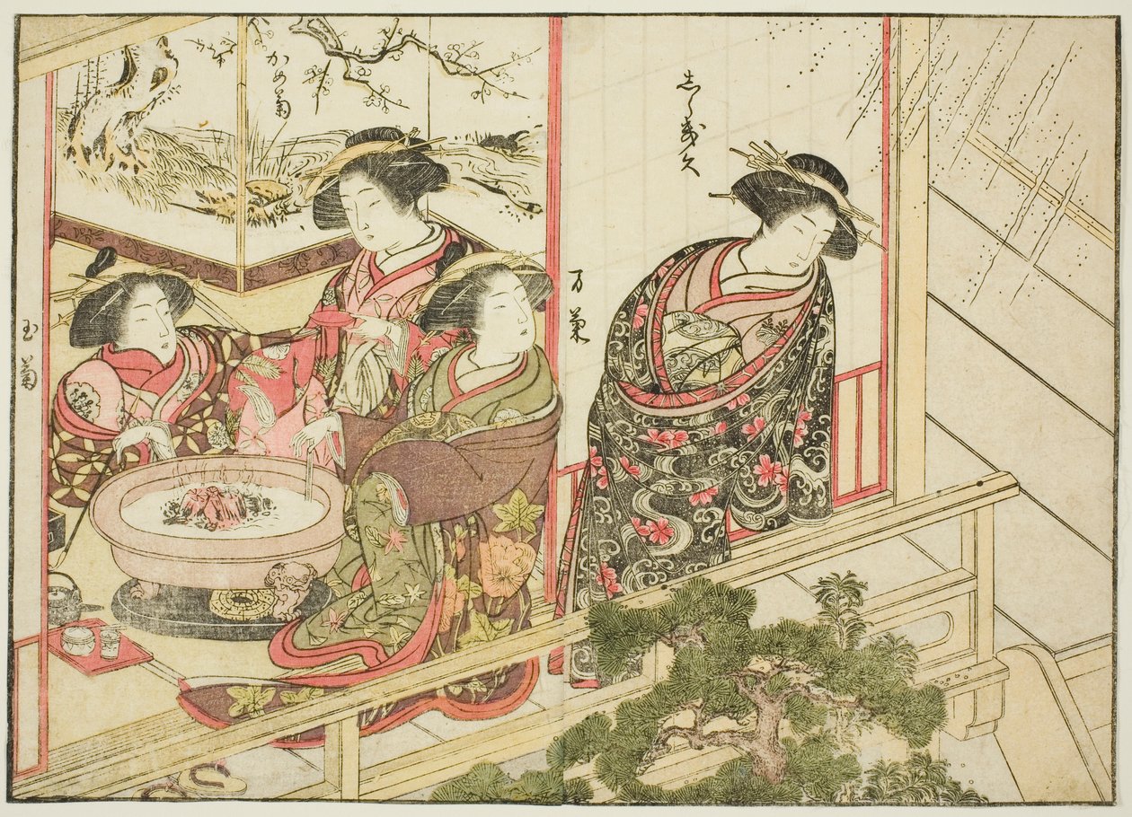 A Kiribishiya udvarhölgyei, a "Gyönyörű nők tükre az örömnegyedben (Seiro bijin awase sugata kagami)" című könyvből. 2 alkotó: Katsukawa Shunsho
