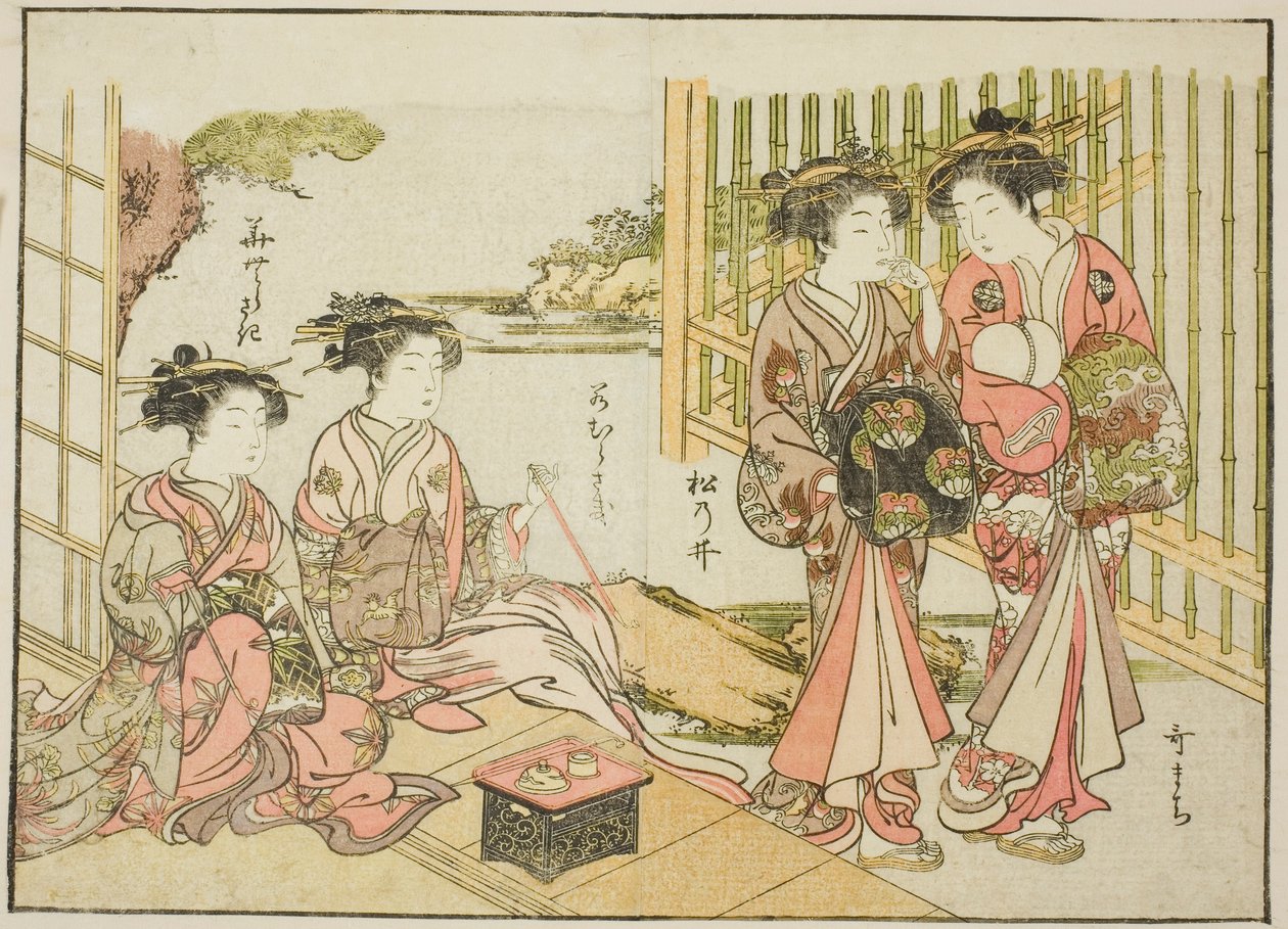 A Matsubaya udvarhölgyei, a "Gyönyörű nők tükre az örömnegyedben (Seiro bijin awase sugata kagami)" című könyvből. 1 alkotó: Katsukawa Shunsho