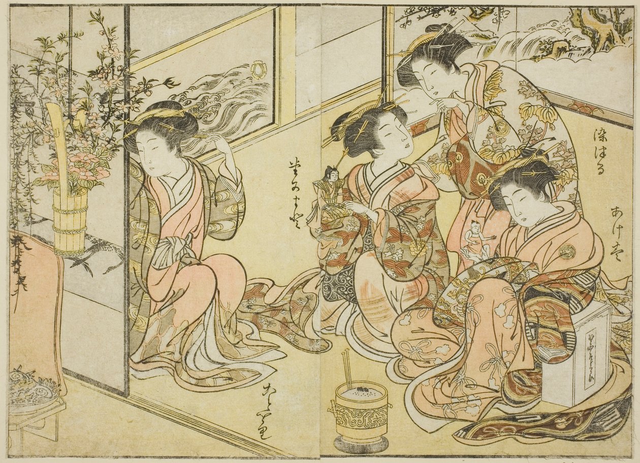 A Matsuneya udvarhölgyei, a "Gyönyörű nők tükre az örömnegyedben (Seiro bijin awase sugata kagami)" című könyvből. 1 alkotó: Katsukawa Shunsho