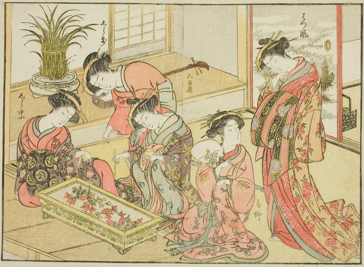 A Wakanaya udvarhölgyei, a "Gyönyörű nők tükre az örömnegyedből (Seiro bijin awase sugata kagami)" című könyvből. 1 alkotó: Katsukawa Shunsho