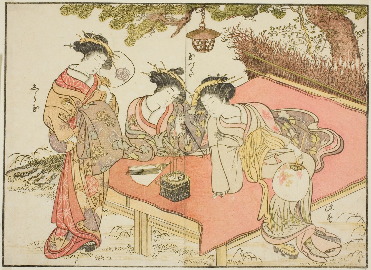 A Yadaya udvarhölgyei, a "Gyönyörű nők tükre az örömnegyedben (Seiro bijin awase sugata kagami)" című könyvből. 1 alkotó: Katsukawa Shunsho