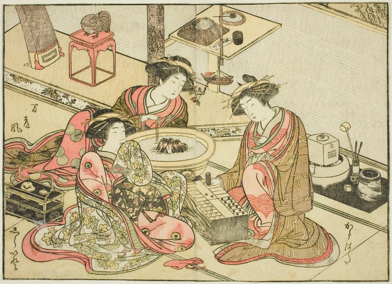 A Yamashiroya udvarhölgyei, a "Gyönyörű nők tükre az örömnegyedben (Seiro bijin awase sugata kagami)" című könyvből. 2 alkotó: Katsukawa Shunsho