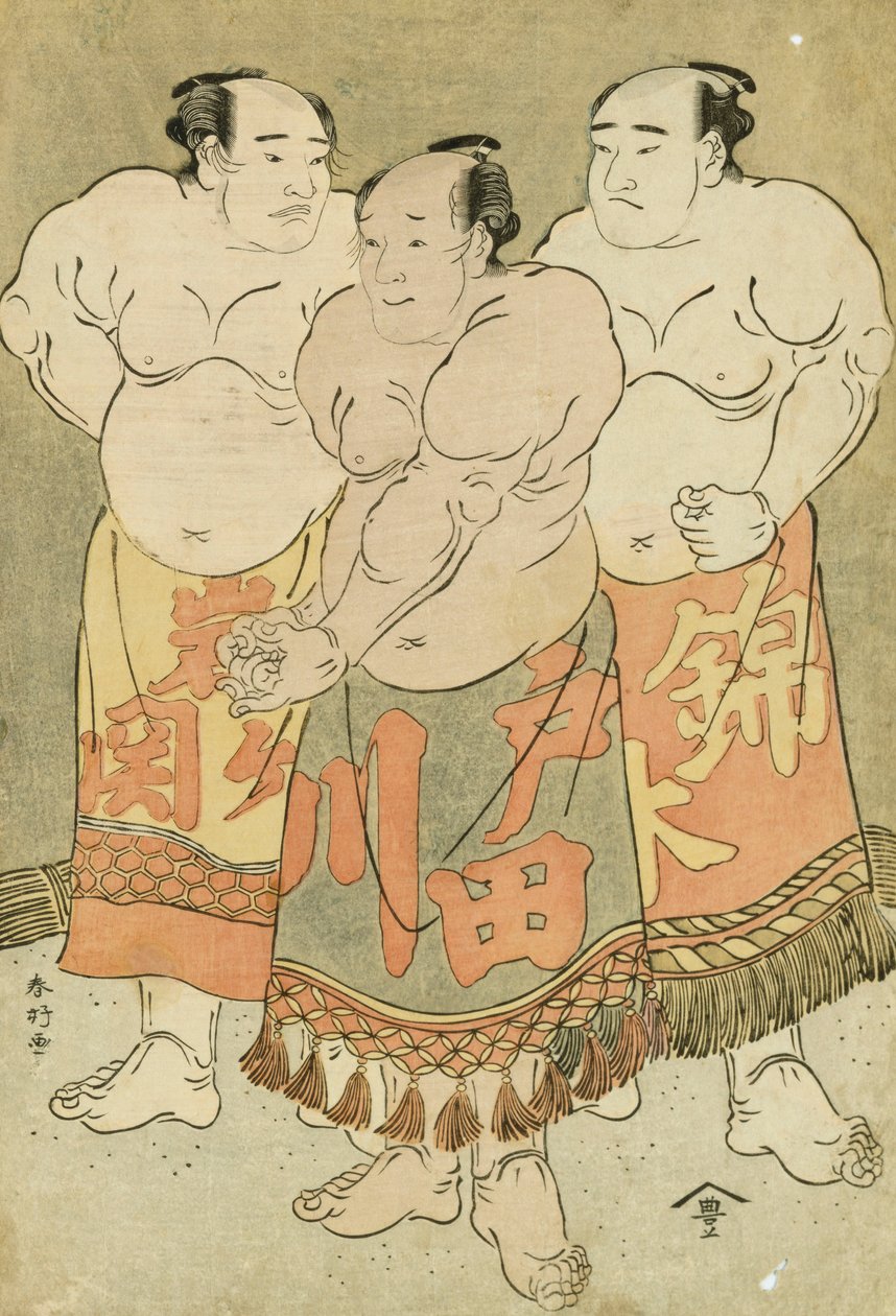 Nishikigi, Todagawa és Iwagaseki birkózók teljes hosszúságú portréi, akik bemutatkoznak a Ringben (színes fatömbnyomat) alkotó: Katsukawa Shunsho