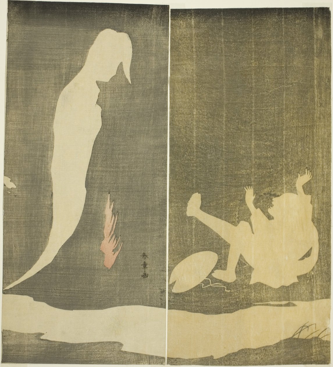 Hátrafelé zuhanó férfi, akit egy nő szelleme riaszt meg egy folyó felett, 1782 körül (színes fametszet; hosoban diptichon) alkotó: Katsukawa Shunsho