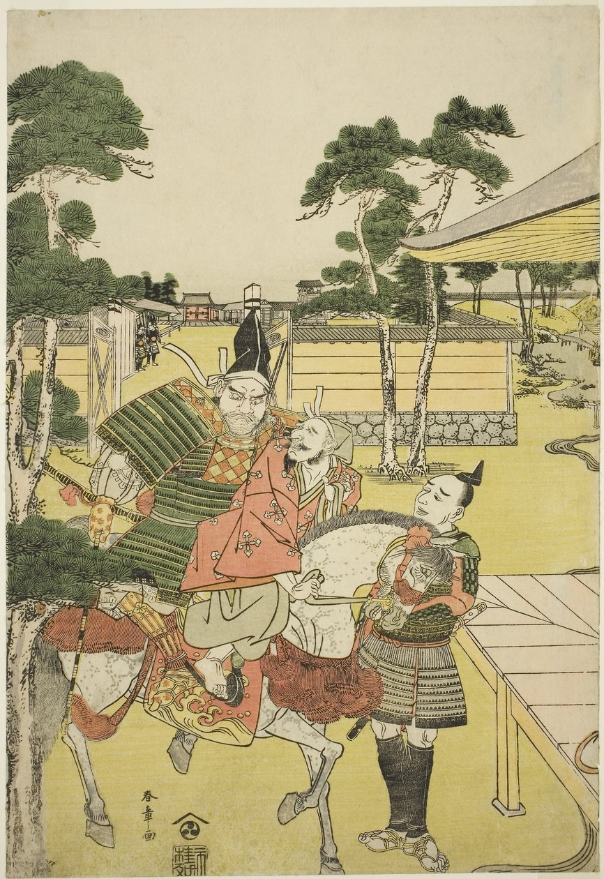 Musashibo Research B Rings Tee Katsured és Sabo Shoshun és Yoshitsune In Tee Pay Horikawa Yochi no Zukie Nimaizuki, c. 1782 (Kor wo dback print; Oban) alkotó: Katsukawa Shunsho