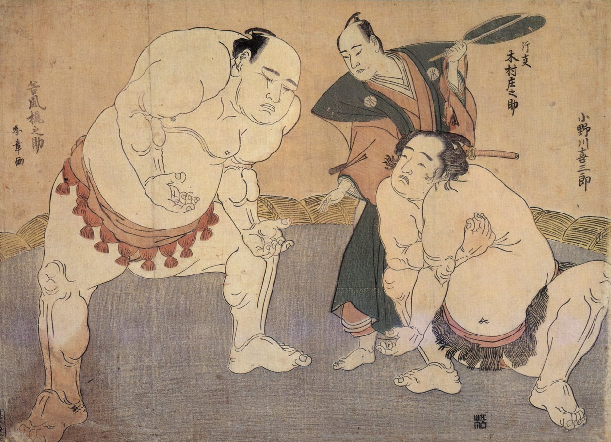 Onagawa Kisaburo és Tanikaze Kajinosuke a Shiriki-t mutatja be a Dohyo-ban, bíró: Kimura Shonosuke alkotó: Katsukawa Shunsho