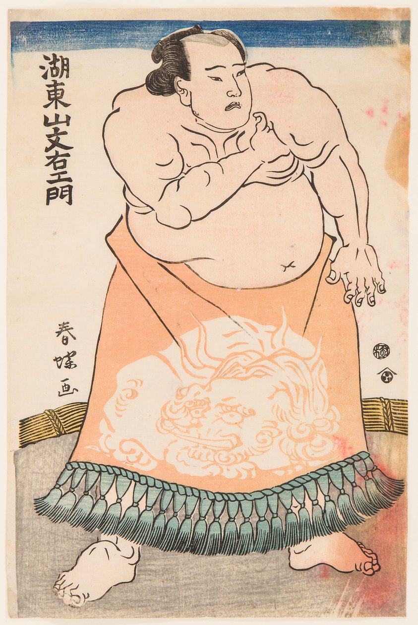Kotozan szumóbirkózó portréja rituális köténnyel. Nyomtatás: Shunsho, Katsukawa (1726-1793), 1775 körül – Kotozan birkózó kötényben (kesho-mawashi), Shunsho, Katsukawa (1726-1793). Színes fametszet, kb 1775. Mérete: 34,5x22,5 cm. alkotó: Katsukawa Shunsho
