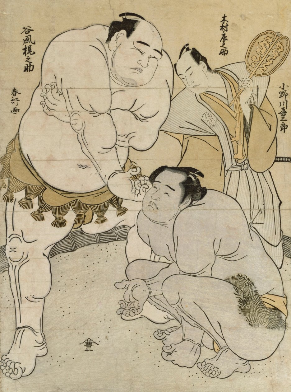 Előkészület az Onagawa Uki Saburo draft előtt, Tanikaze Kajinosuke, játékvezető: Kimura Shosuke alkotó: Katsukawa Shunsho
