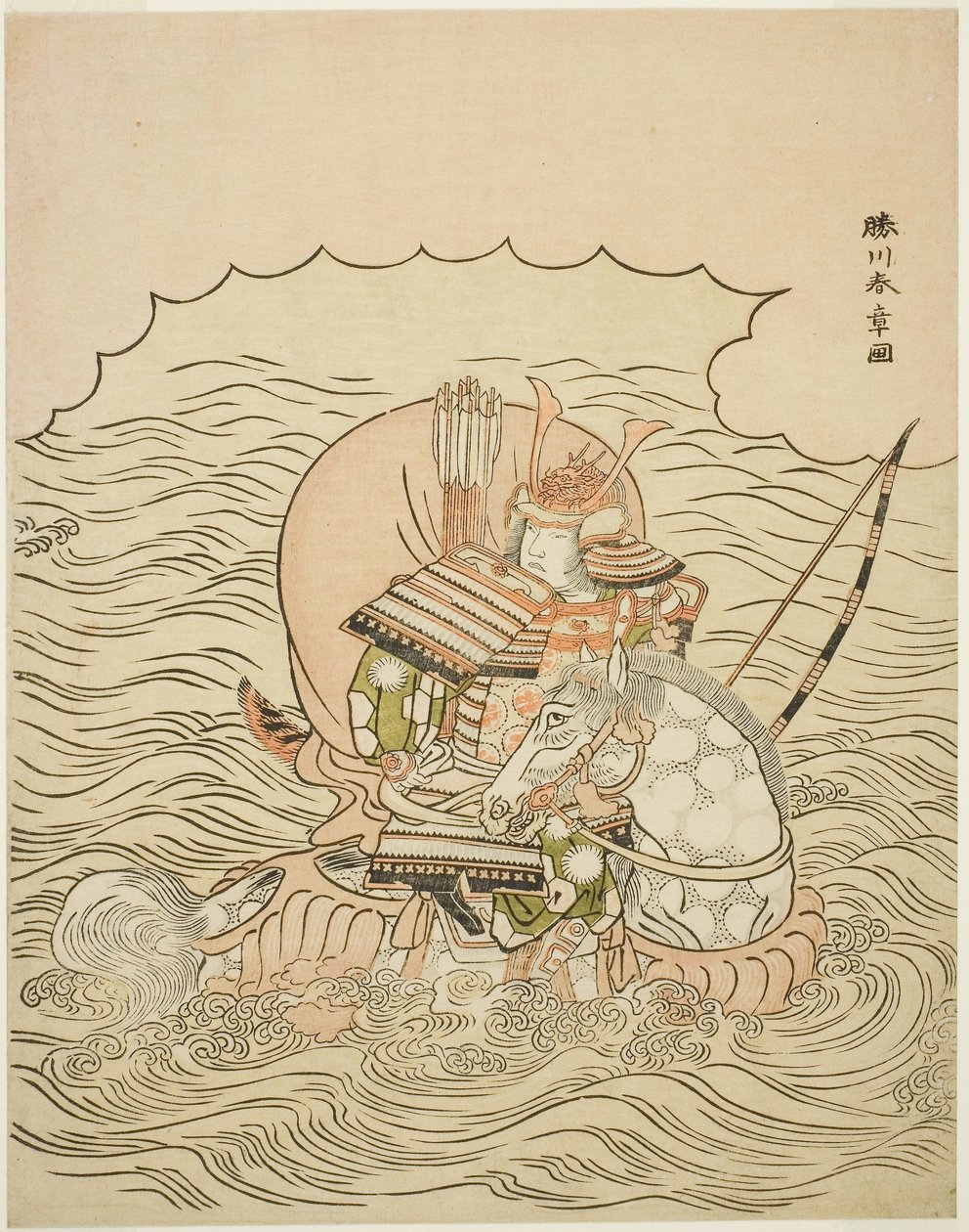 Taira no Atsumori Lovaglás a tengerbe, 1770 körül (színes fatömbnyomat; chuban) alkotó: Katsukawa Shunsho
