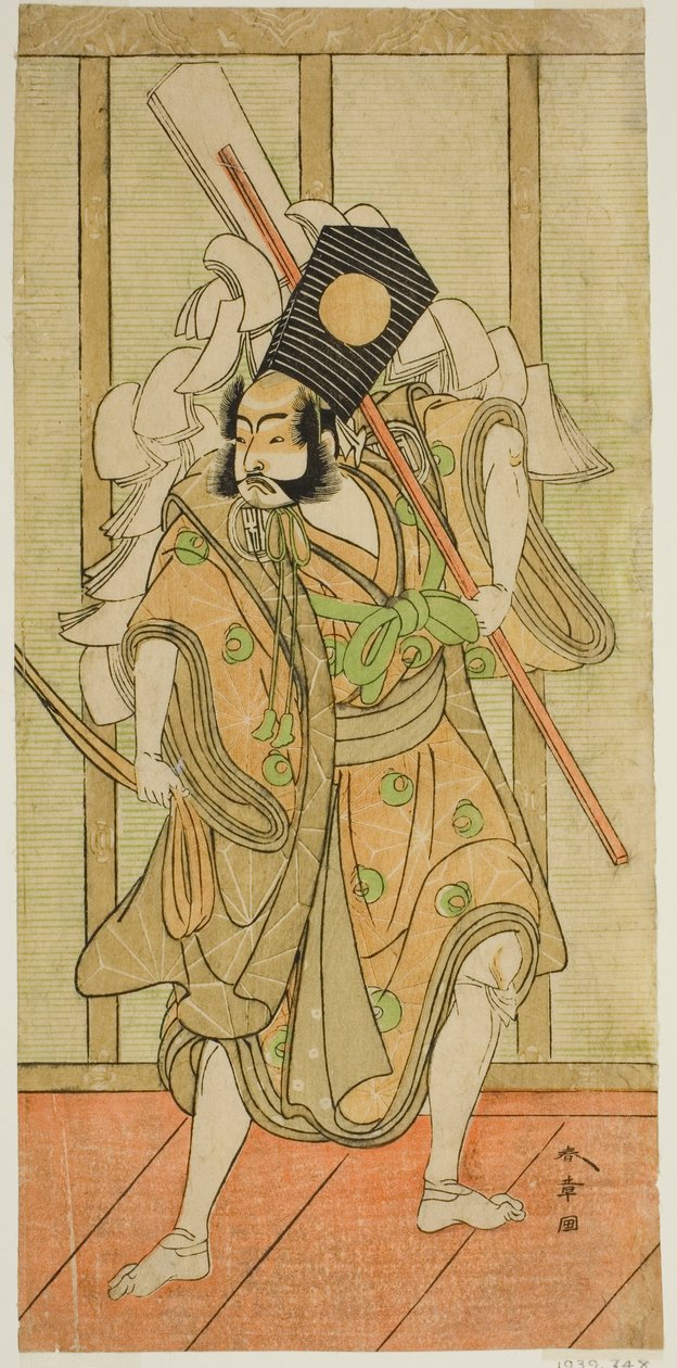A színész Arashi Sangoro II Asahina Saburo szerepében az Iro Maki-e Soga no Sakazuki című darabban, a Morita Színházban az első hónapban, 1773 alkotó: Katsukawa Shunsho