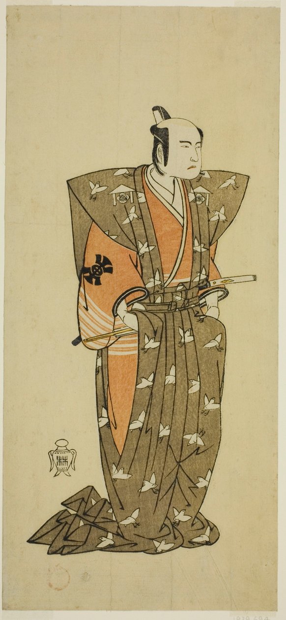 Bando Mitsugoro I. színész Soga no Juro Sukenari (?) szerepében a Shuen Soga Omugaeshi (?) színdarabban, amelyet az Ichimura Színházban (?) mutattak be a második hónapban, 1768 (?) alkotó: Katsukawa Shunsho
