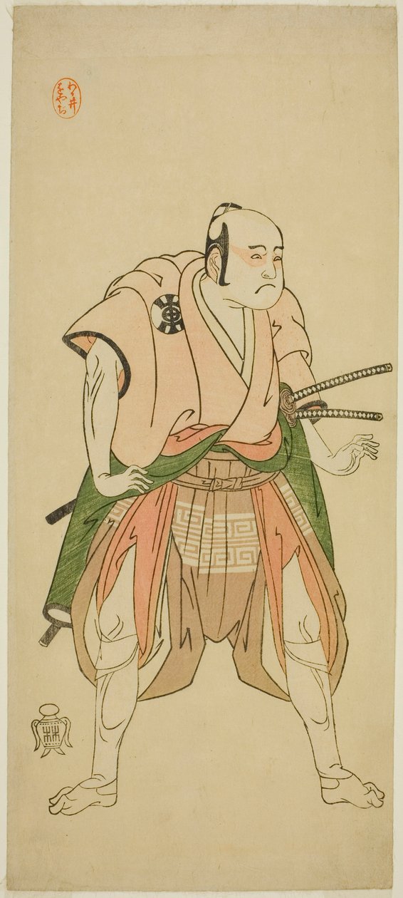 I. Bando Sampachi színész Yawata no Saburo (?) szerepében a Shuen Soga Omugaeshi (?) színdarabban, amelyet az Ichimura Színházban (?) mutattak be a második hónapban, 1768 (?) alkotó: Katsukawa Shunsho