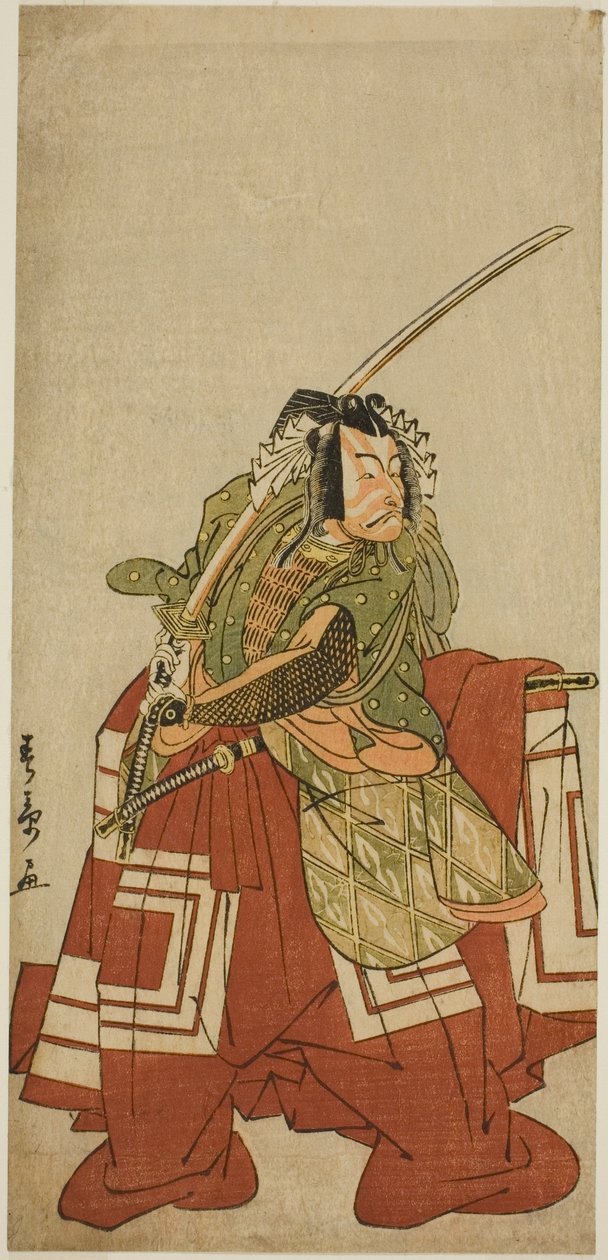 A színész Ichikawa Danjuro V Arakawa Taro szerepében a Nishiki Tsui no Yumitori játékban, a Morita Színházban a tizenegyedik hónapban, 1778 alkotó: Katsukawa Shunsho