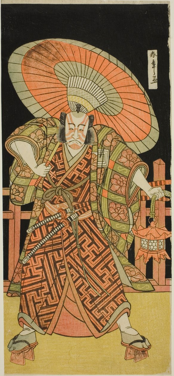 A színész Ichikawa Danjuro V Kazusa no Gorobei Tadamitsu szerepében a Kitekaeru Nishiki no Wakayaka című darabban, a Nakamura Színházban a tizenegyedik hónapban, 1780 alkotó: Katsukawa Shunsho