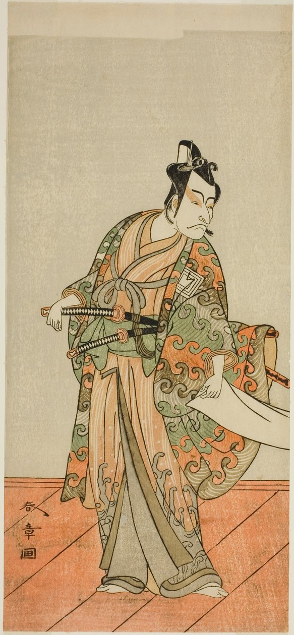 A színész Ichikawa Danjuro V Kudo Kanaishi (?) szerepében az Izu-goyomi Shibai no Ganjitsu (?) című darabban, a Morita Színházban (?) a tizenegyedik hónapban, 1772 (?) alkotó: Katsukawa Shunsho