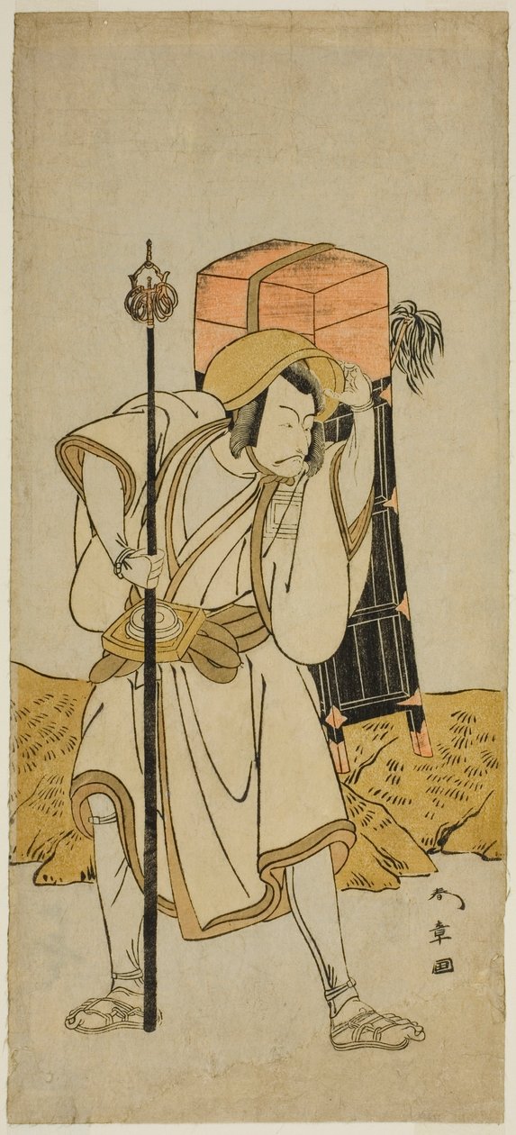 A színész Ichikawa Danjuro V, mint Moriya no Daijin Rokuju-rokubuként álcázva a Miya-bashira Iwao no Butai című darabban, a Morita Színházban a hetedik hónapban, 1773 alkotó: Katsukawa Shunsho