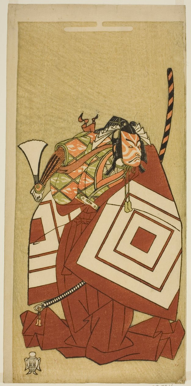 A színész Ichikawa Danjuro V Watanabe Kiou Takiguchi szerepében a Nue no Mori Ichiyo no Mato című darabban, a Nakamura Színházban a tizenegyedik hónapban, 1770 alkotó: Katsukawa Shunsho