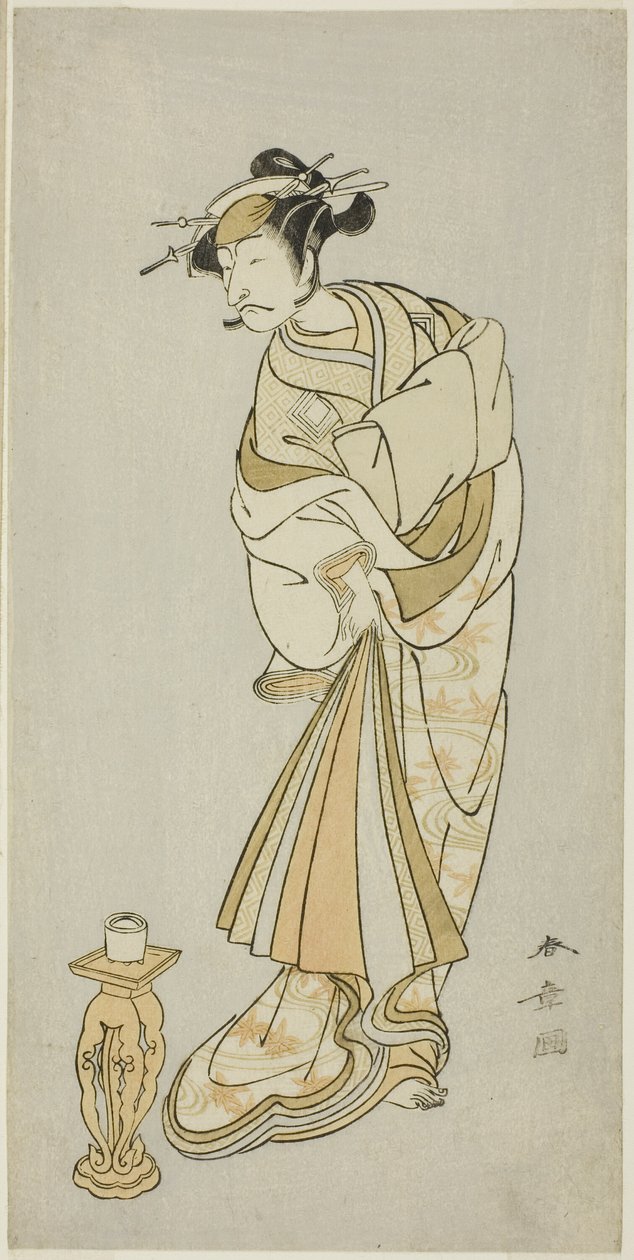 A színész Ichikawa Danjuro V, mint Seigen szerzetes szelleme a Shosagoto táncsorozatban, a "Sono Utsushi-e Matsu ni Kaede" (Fenyő és juhar árnyékképe), a Keisei Momiji no Uchikake című darab második részének utolsó jelenete. Courtesan over-kimonóban alkotó: Katsukawa Shunsho