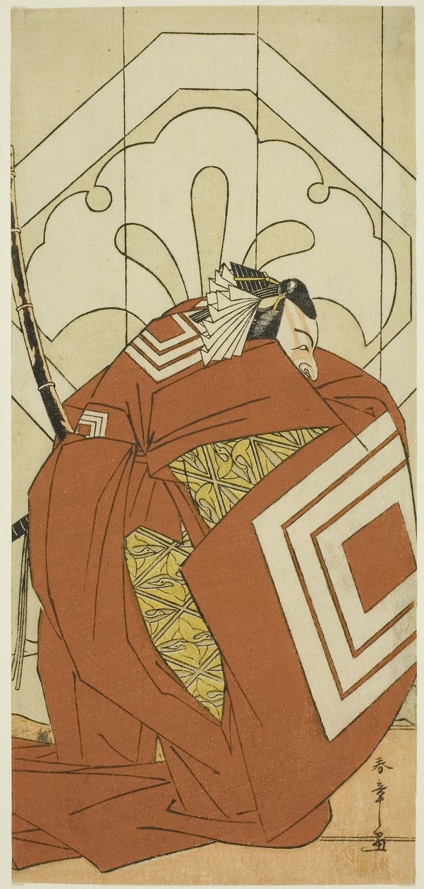 Ichikawa Danjuro V. színész "Shibaraku" szerepben, valószínűleg mint Kato Hyoeisa Shigemitsu, a Masakado Kammuri no Hatsuyuki (Az első hó Taira no Masakado udvari fejdíszén) című darab harmadik jelenetében, amelyet a Nakamura Színházban adtak elő a tizeneg alkotó: Katsukawa Shunsho