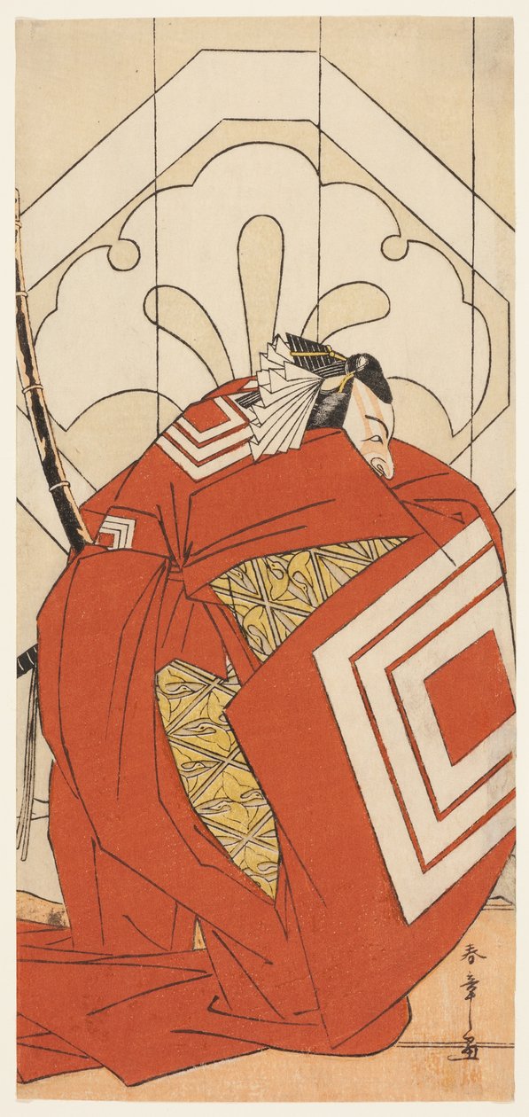 Ichikawa Danjuro V. színész "Shibaraku" szerepben, valószínűleg mint Kato Hyoeisa Shigemitsu, a Masakado Kammuri no Hatsuyuki (Az első hó Taira no Masakado udvari fejdíszén) című darab harmadik jelenetében, amelyet a Nakamura Színházban adtak elő a tizeneg alkotó: Katsukawa Shunsho