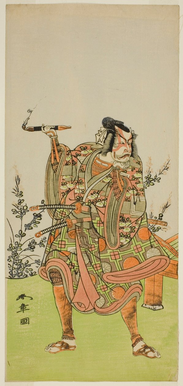 A színész Ichikawa Danzaburo II Usui no Sadamitsu (?) szerepében az Edo Katagi Hikeya Tsunasaka (?) darabban, amelyet az Ichimura Színházban (?) mutattak be a tizenegyedik hónapban, 1772 (?) alkotó: Katsukawa Shunsho