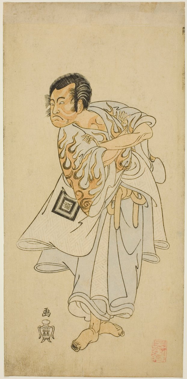 A színész, Ichikawa Danzo III, mint a szent remete Narukami a "Narukami" című darabban, a "Miyakodori Azuma Komachi (A főváros madara: Kelet Komachi)"-val a Morita Színházban 1768 harmadik hónapjában. alkotó: Katsukawa Shunsho